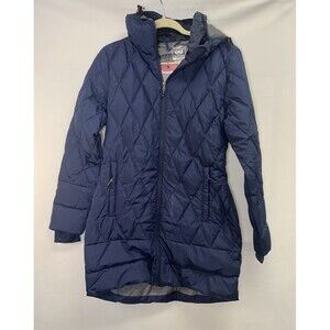 Moosejaw Down Jacket Women's Navy Blue Quilted Mid-Length Hooded Coat